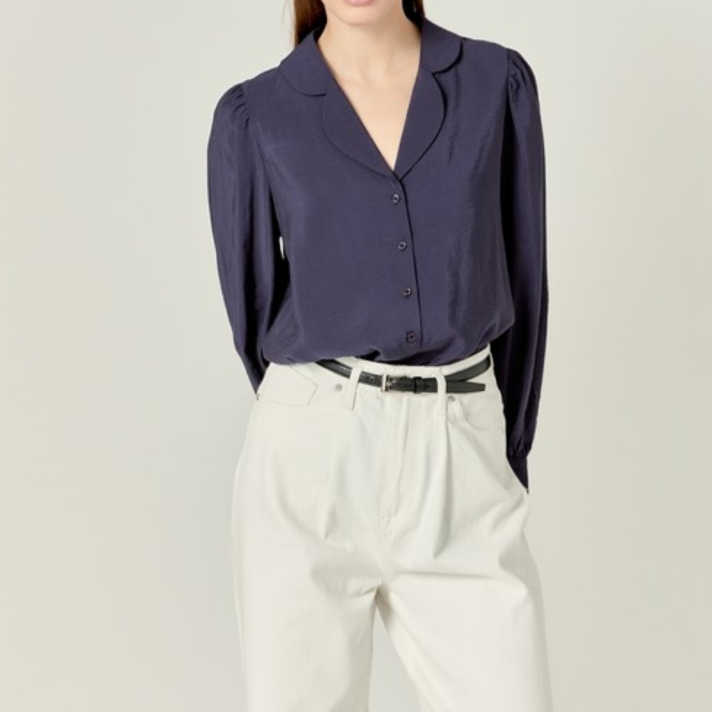 NWT - English Factory Scallop Collared Navy Dress Shirt - Size L